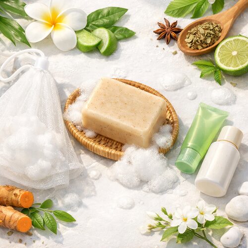 ジャムウ・ハーバルソープ(泡立てネット&お試しコスメ付)製品と付属品の内容